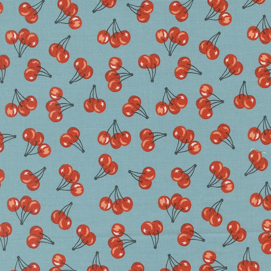 Farm Fresh Cherries in Mountain Stream quilting fabric, part of the Farmstead fabric collection by Stacy Iest Hsu (SKU: 20906 14)