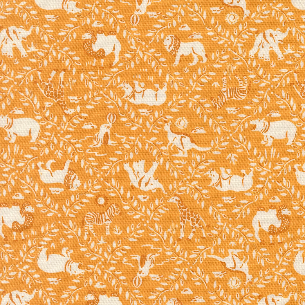 A closeup shot of the quilting fabric pattern called Animal Crackers, designed by Stacy Iest Hsu, in the canary colorway. The SKU is 20964 18.