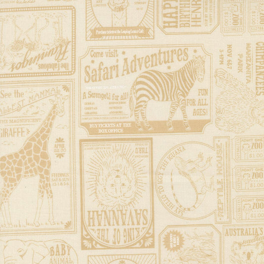 A closeup shot of the quilting fabric pattern called Vintage Zoo, designed by Stacy Iest Hsu, in the dove-natural colorway. The SKU is 20965 21.