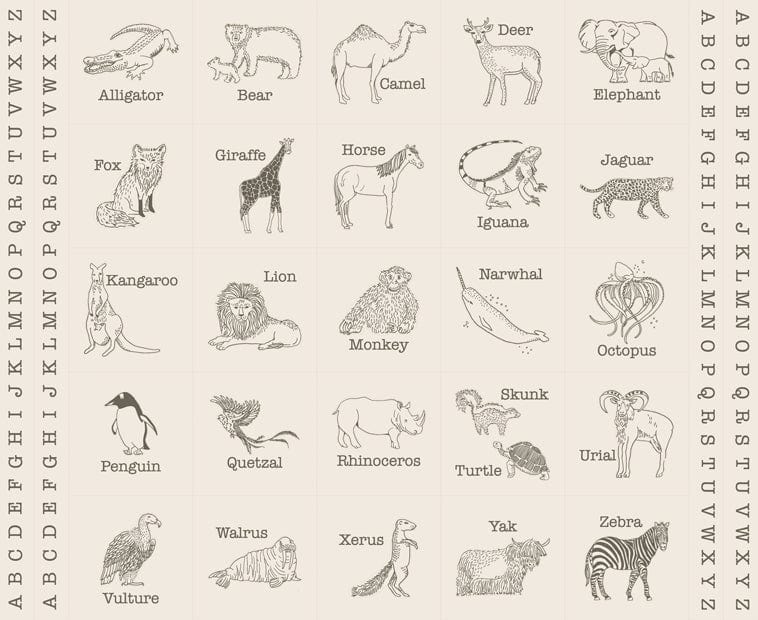 A closeup shot of the quilting fabric panel called Animal Park Block, designed by Stacy Iest Hsu, in the dove-charcoal colorway. The SKU is 20968 21.