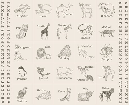 A closeup shot of the quilting fabric panel called Animal Park Block, designed by Stacy Iest Hsu, in the dove-charcoal colorway. The SKU is 20968 21.