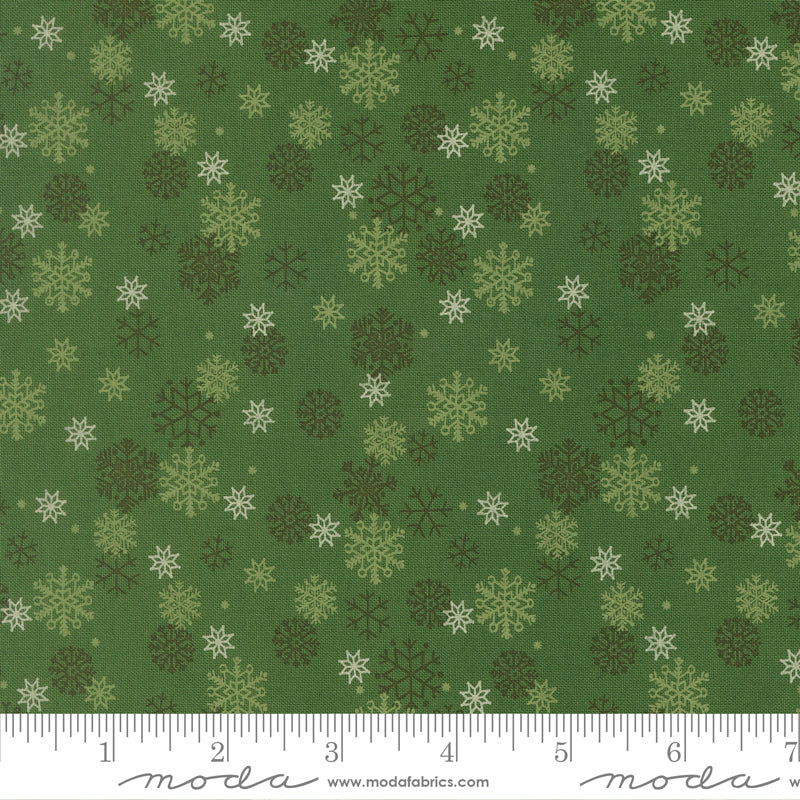 Snow Flurry in Evergreen quilting fabric, part of the Holiday Cheer fabric collection by Stacy Iest Hsu (SKU: 20976 14)