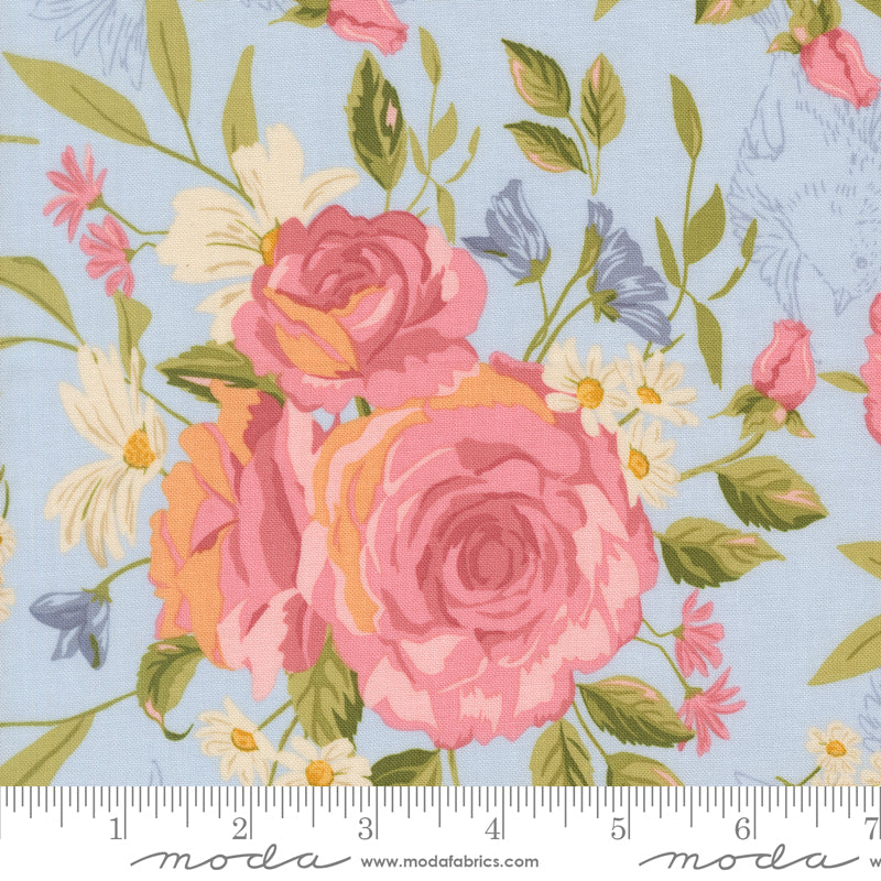 Grandmas Rose Garden in Sky quilting fabric, part of the My Secret Garden fabric collection by Stacy Iest Hsu (SKU: 20980 20)