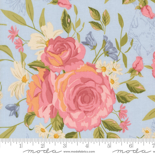 Grandmas Rose Garden in Sky quilting fabric, part of the My Secret Garden fabric collection by Stacy Iest Hsu (SKU: 20980 20)