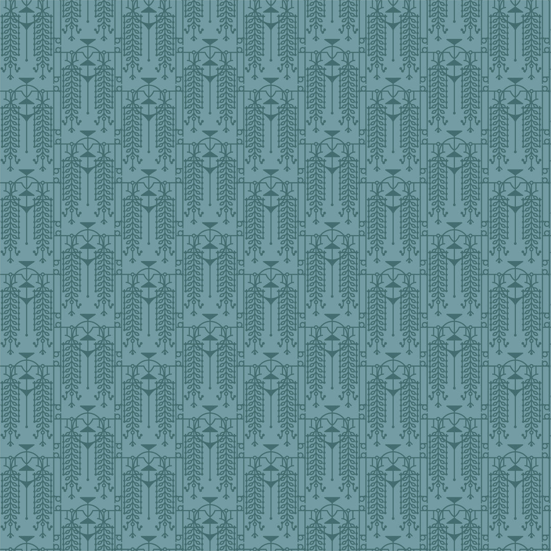 Cotton quilting fabric pattern called 'The House Beautiful Design A in Echo Blue'. Part of the 'March Balloons' fabric collection. Designed by Frank Lloyd Wright Collection with Cloud 9 Fabrics for fabric company Cloud 9 Fabrics. SKU: 227542. 44-45 inch width.