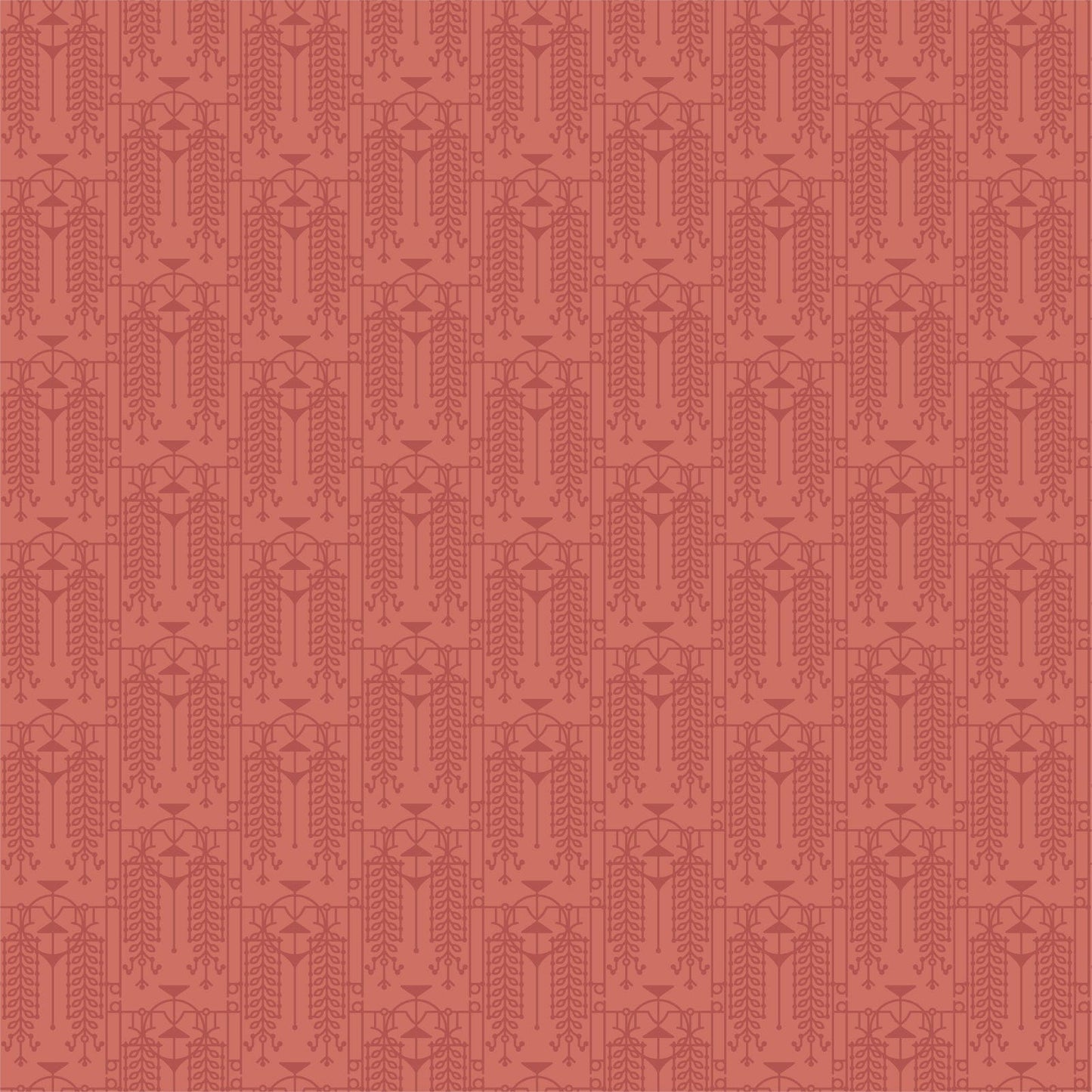 Cotton quilting fabric pattern called 'The House Beautiful Design A in Pottery Red'. Part of the 'March Balloons' fabric collection. Designed by Frank Lloyd Wright Collection with Cloud 9 Fabrics for fabric company Cloud 9 Fabrics. SKU: 227543. 44-45 inch width.