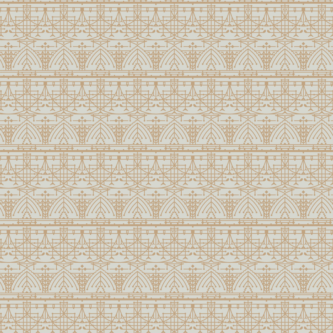Cotton quilting fabric pattern called 'The House Beautiful Design B in Soft Gray'. Part of the 'March Balloons' fabric collection. Designed by Frank Lloyd Wright Collection with Cloud 9 Fabrics for fabric company Cloud 9 Fabrics. SKU: 227546. 44-45 inch width.