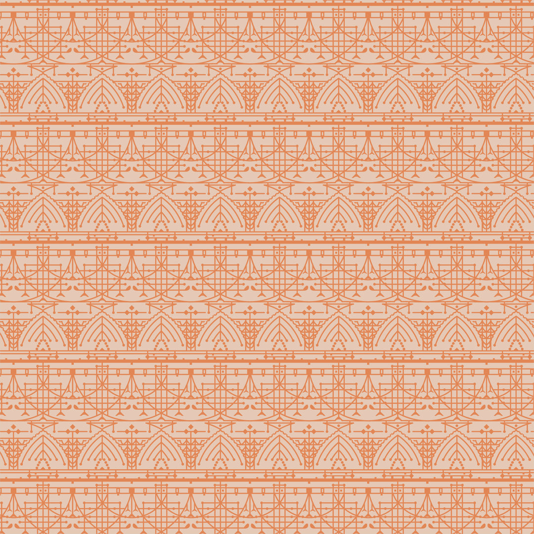 Cotton quilting fabric pattern called 'The House Beautiful Design B in Ochre'. Part of the 'March Balloons' fabric collection. Designed by Frank Lloyd Wright Collection with Cloud 9 Fabrics for fabric company Cloud 9 Fabrics. SKU: 227547. 44-45 inch width.