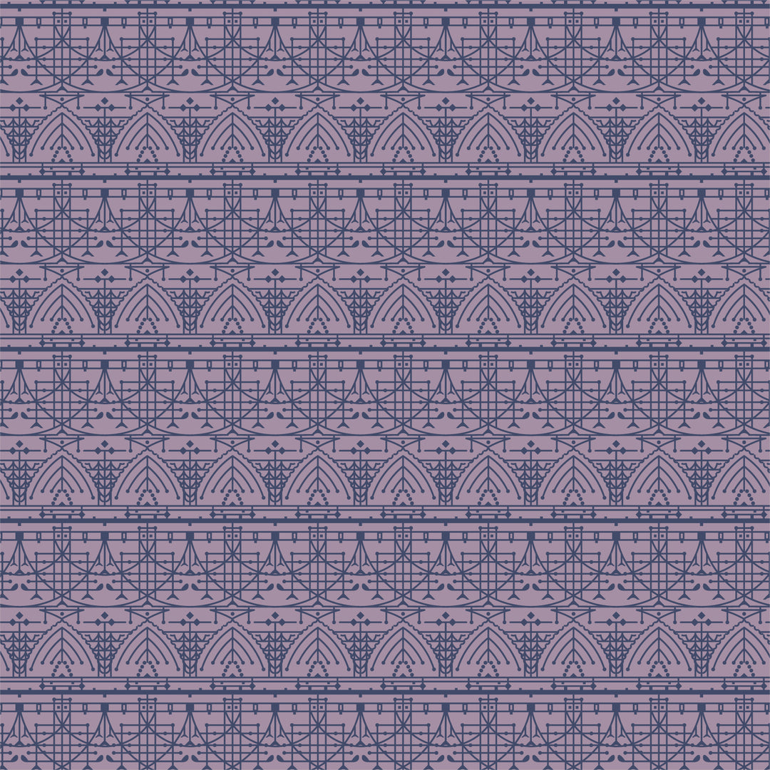 Cotton quilting fabric pattern called 'The House Beautiful Design B in Murisaki'. Part of the 'March Balloons' fabric collection. Designed by Frank Lloyd Wright Collection with Cloud 9 Fabrics for fabric company Cloud 9 Fabrics. SKU: 227550. 44-45 inch width.