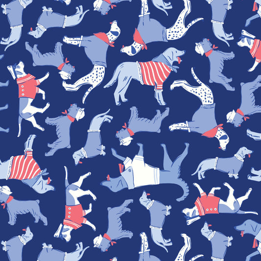 Sun's Out Tongues Out in Navy quilting fabric, part of the Stars, Stripes & Sun fabric collection by Krissy Mast (SKU: 227823)