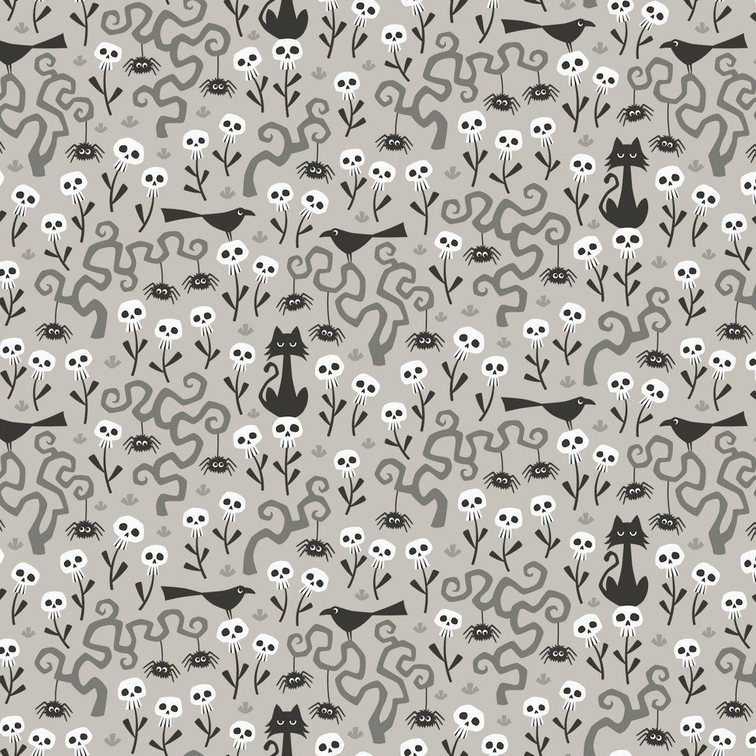 Skulls Garden quilting fabric, part of the Gothic Whimsy fabric collection by Anequ Studio (SKU: 227990)