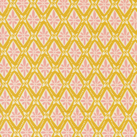 Cotton quilting fabric pattern called 'Bolero in Sunshine'. Part of the 'Tango' fabric collection. Designed by Kate Spain for fabric company Moda. SKU: 27336 17. 44-45 inch width.