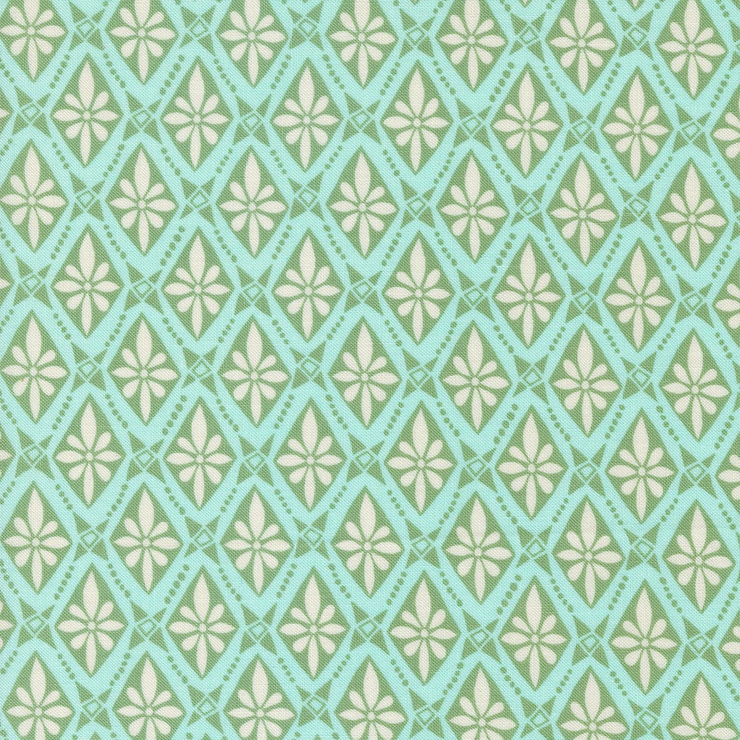 Cotton quilting fabric pattern called 'Bolero in Sky'. Part of the 'Tango' fabric collection. Designed by Kate Spain for fabric company Moda. SKU: 27336 22. 44-45 inch width.