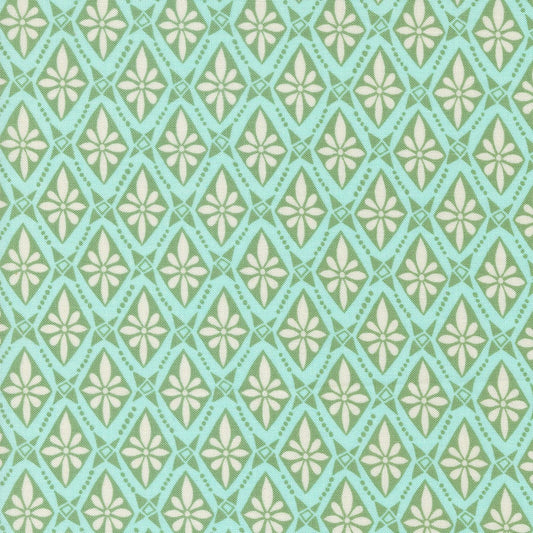 Cotton quilting fabric pattern called 'Bolero in Sky'. Part of the 'Tango' fabric collection. Designed by Kate Spain for fabric company Moda. SKU: 27336 22. 44-45 inch width.