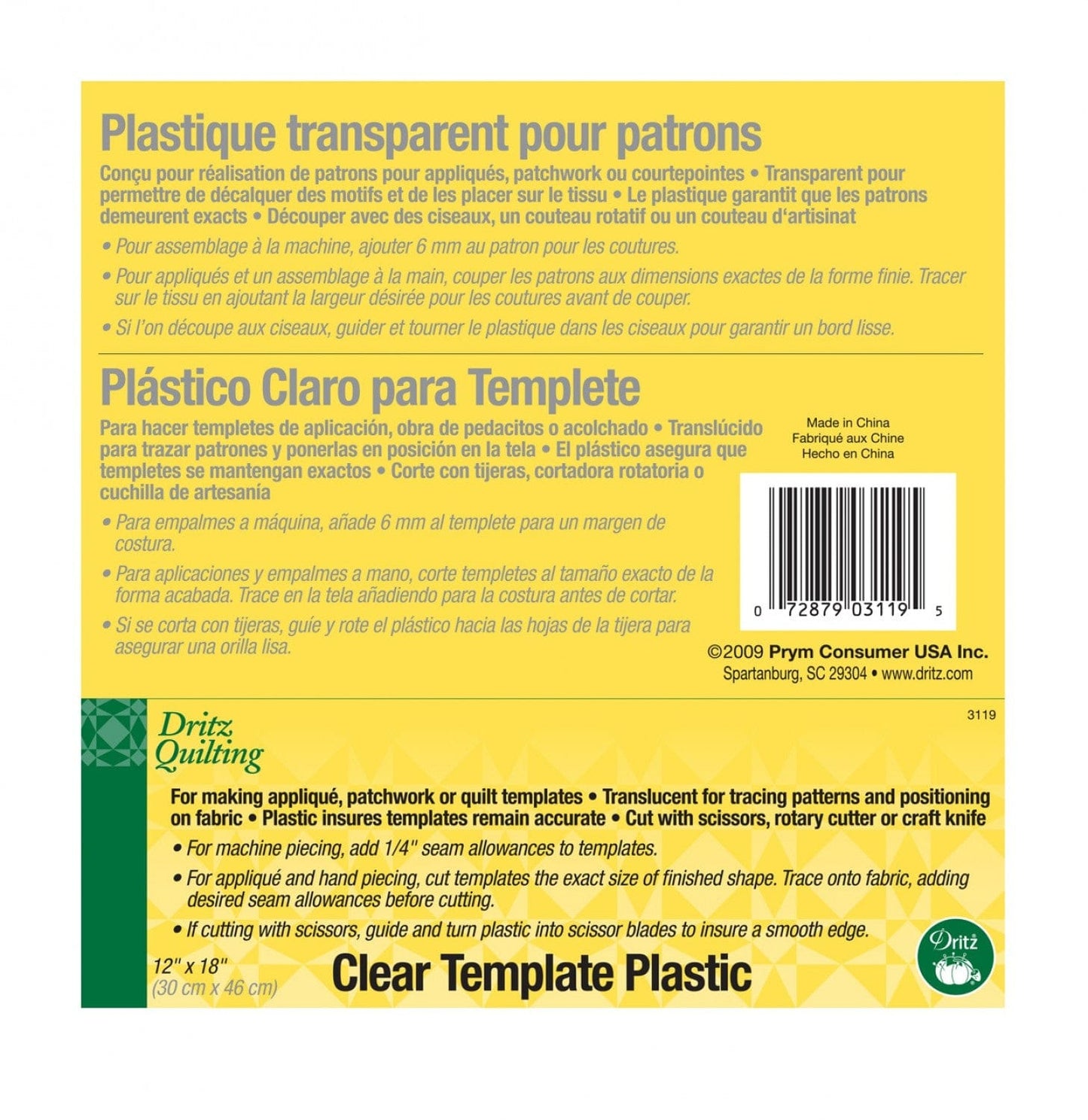 Clear Template Plastic - (1) 12" x 18" sheet - 3119D