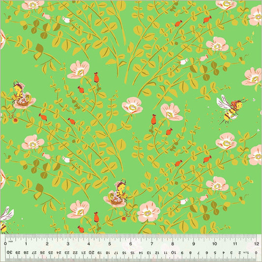 A closeup shot of the quilting fabric pattern called Nanny Bee, designed by Heather Ross, in the green colorway. The SKU is 37023D-5.