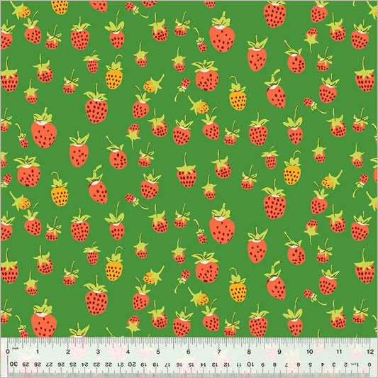 A closeup shot of the quilting fabric pattern called Strawberries, designed by Heather Ross, in the green colorway. The SKU is 37024D-5.