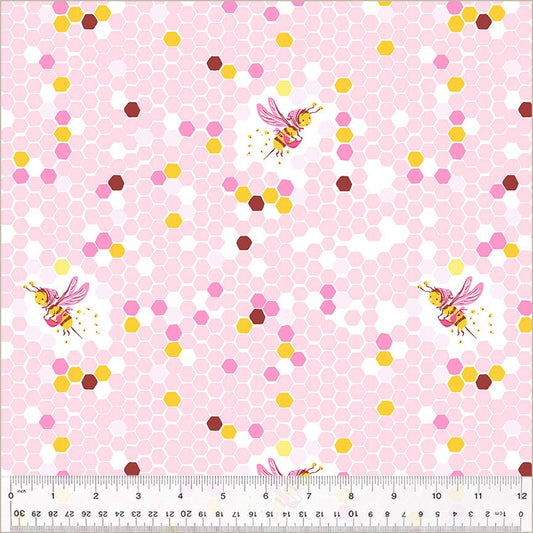 A closeup shot of the quilting fabric pattern called Hex Bee, designed by Heather Ross, in the pink colorway. The SKU is 37025D-6.