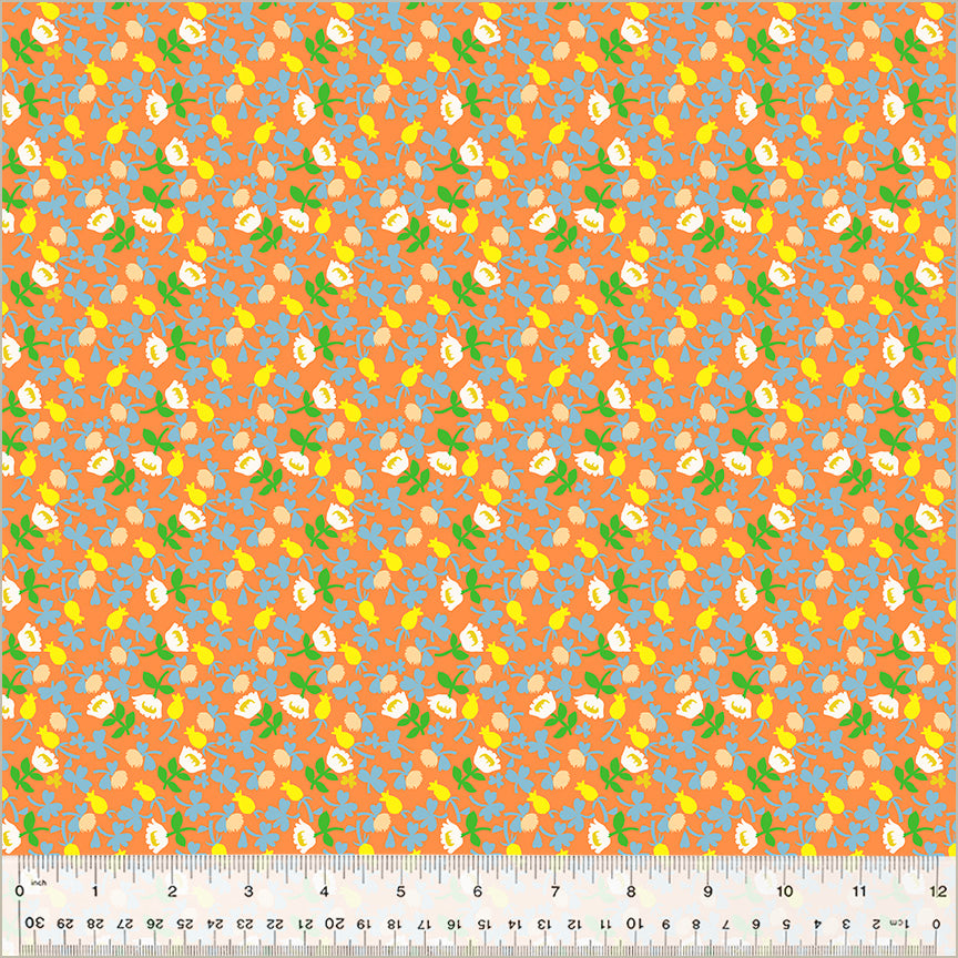 A closeup shot of the quilting fabric pattern called Calico, designed by Heather Ross, in the orange colorway. The SKU is 37027D-9.