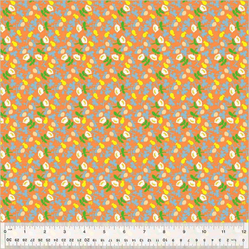A closeup shot of the quilting fabric pattern called Calico, designed by Heather Ross, in the orange colorway. The SKU is 37027D-9.
