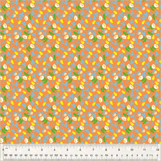 A closeup shot of the quilting fabric pattern called Calico, designed by Heather Ross, in the orange colorway. The SKU is 37027D-9.