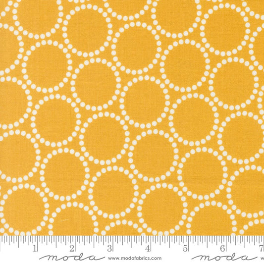Cotton quilting fabric pattern called 'Pearl Bracelets in Golden'. Part of the 'Love Letter' fabric collection. Designed by Lizzy House for fabric company MODA. SKU: 37125 16. 44-45 inch width.