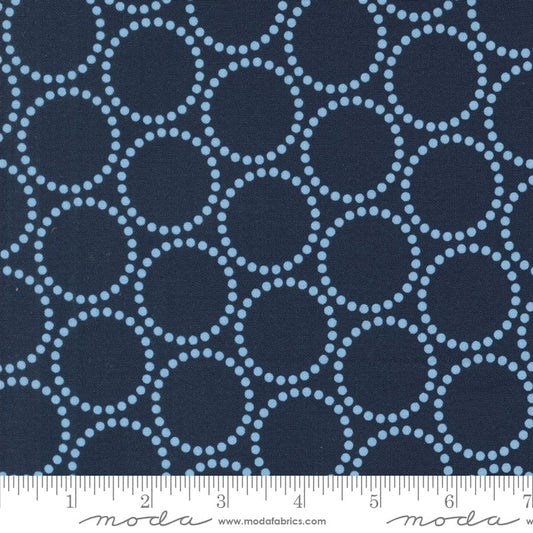 Cotton quilting fabric pattern called 'Pearl Bracelets in Peacoat'. Part of the 'Love Letter' fabric collection. Designed by Lizzy House for fabric company MODA. SKU: 37125 27. 44-45 inch width.