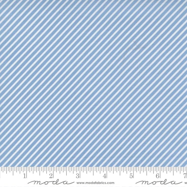 Cotton quilting fabric pattern called 'Stripe in Bluebell'. Part of the 'Emma' fabric collection. Designed by Sherri & Chelsi for fabric company Moda Fabrics. SKU: 37636 39. 44-45 inch width.