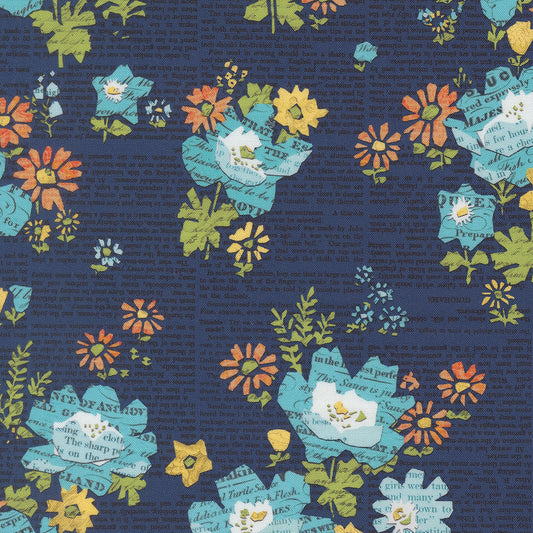 Floral Newspaper Midnight quilting fabric, part of the Paper Hamlet fabric collection by Cathe Holden (SKU: 39561 18)