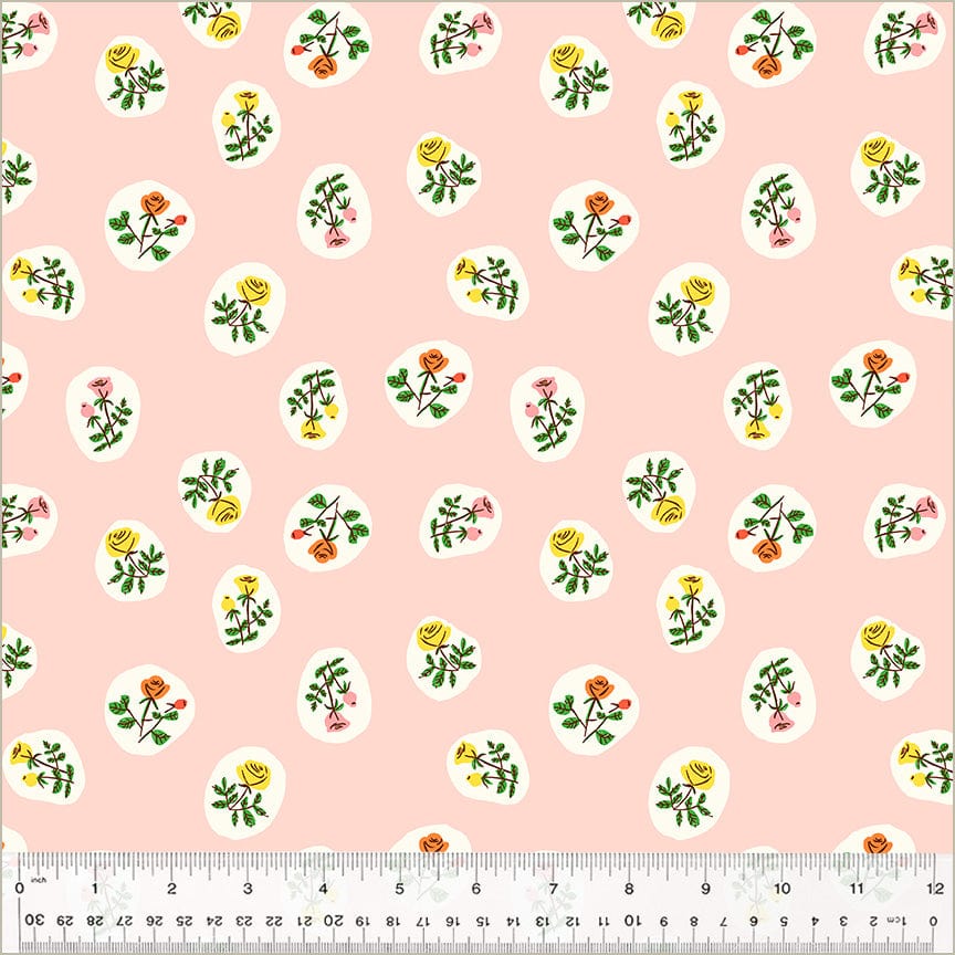 A closeup shot of the quilting fabric pattern called Bouquet, designed by Heather Ross, in the blush colorway. The SKU is 40930D-4.