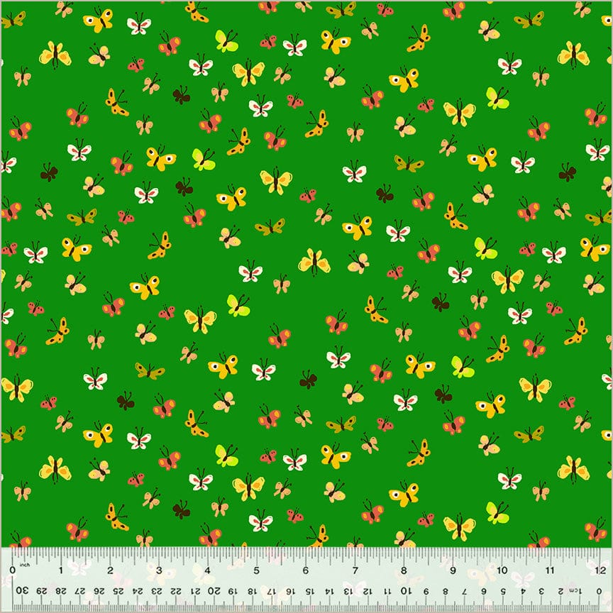 A closeup shot of the quilting fabric pattern called Butterflies, designed by Heather Ross, in the green colorway. The SKU is 40933D-2.