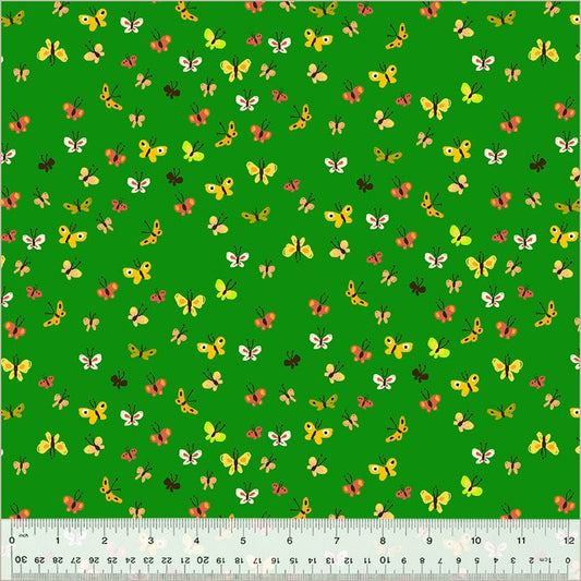 A closeup shot of the quilting fabric pattern called Butterflies, designed by Heather Ross, in the green colorway. The SKU is 40933D-2.