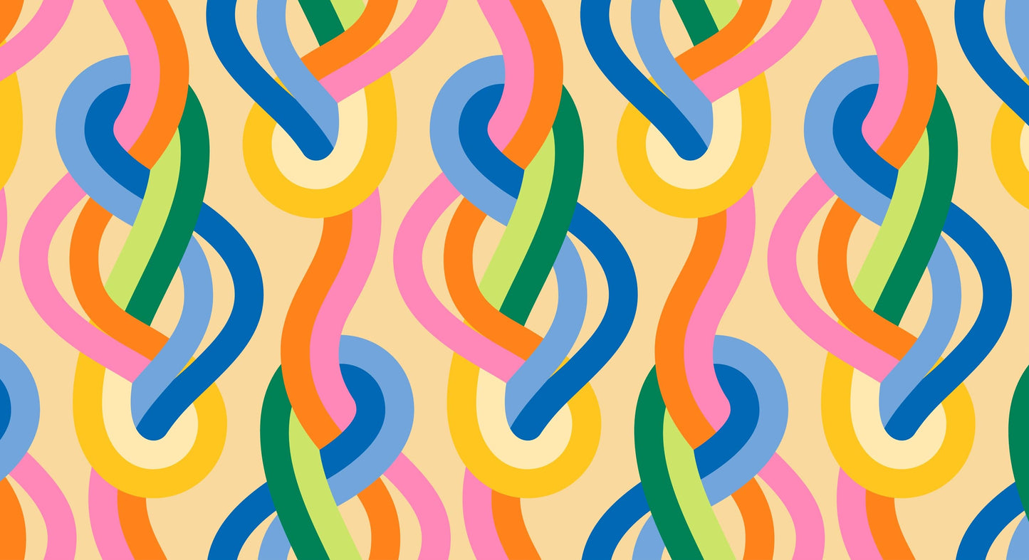 A closeup shot of the quilting fabric called Knotted, designed by Emily Van Hoff, in the luminous multi colorway. The SKU is 42370 13.