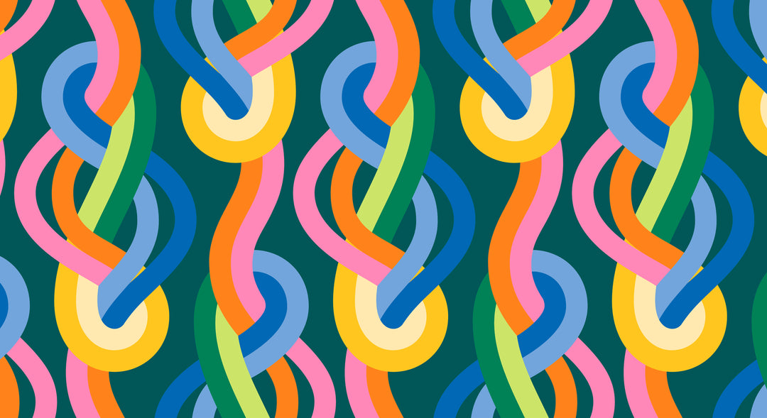 A closeup shot of the quilting fabric pattern called Knotted, designed by Emily Van Hoff, in the moody multi colorway. The SKU is 42370 18.