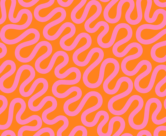 A closeup shot of the quilting fabric pattern called Unspooled, designed by Emily Van Hoff, in the orange zest colorway. The SKU is 42372 15.