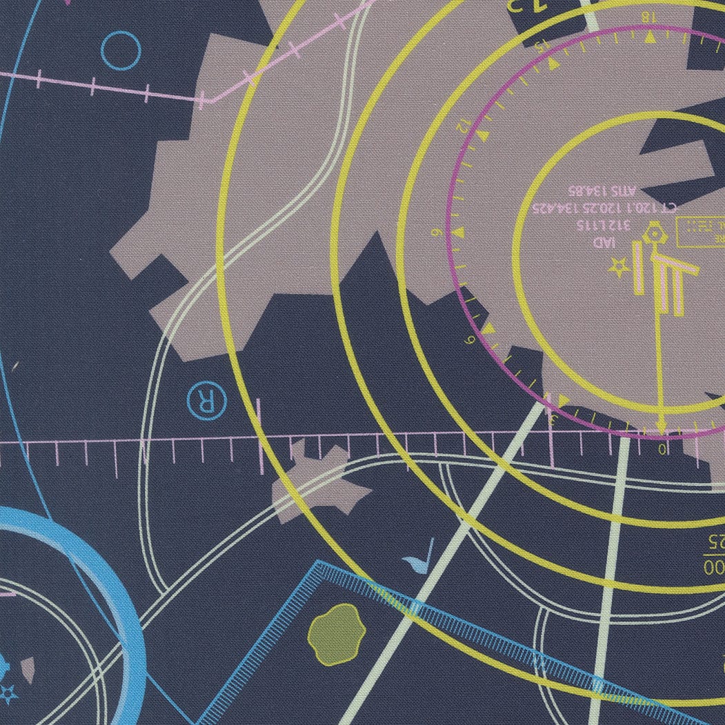 A closeup shot of the quilting fabric pattern called VFR Chart, designed by Sariditty, in the navy colorway. The SKU is 45060 18.