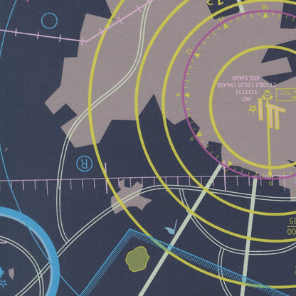 A closeup shot of the quilting fabric pattern called VFR Chart, designed by Sariditty, in the navy colorway. The SKU is 45060 18.