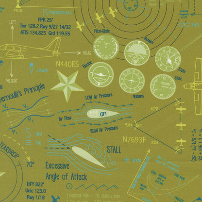 A closeup shot of the quilting fabric pattern called Ground School, designed by Sariditty, in the grass colorway. The SKU is 45061 13.