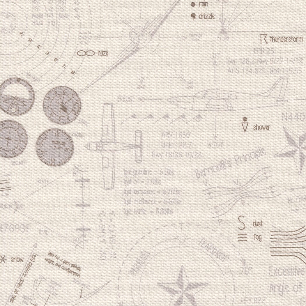 A closeup shot of the quilting fabric pattern called Ground School, designed by Sariditty, in the smoke colorway. The SKU is 45061 21.