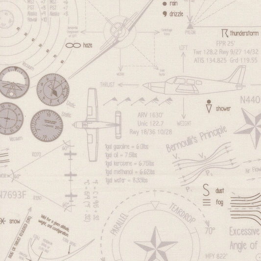 A closeup shot of the quilting fabric pattern called Ground School, designed by Sariditty, in the smoke colorway. The SKU is 45061 21.