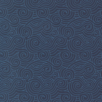 A closeup shot of the quilting fabric pattern called Turbulence, designed by Sariditty, in the navy colorway. The SKU is 45065 18.