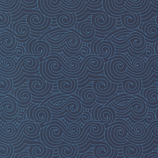 A closeup shot of the quilting fabric pattern called Turbulence, designed by Sariditty, in the navy colorway. The SKU is 45065 18.