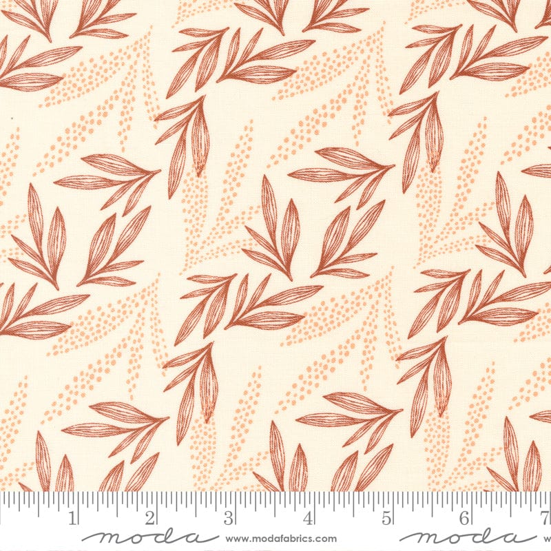 Cotton quilting fabric pattern called 'Leaf Lore in Cream'. Part of the 'Woodland Wildflowers' fabric collection. Designed by Fancy That Design House for fabric company Moda Fabrics. SKU: 45584 11. 44-45 inch width.