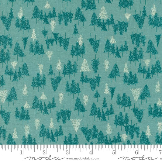 Cotton quilting fabric pattern called 'Tree Farm in Frost'. Part of the 'Cozy Wonderland' fabric collection. Designed by Fancy That Design House for fabric company Moda. SKU: 45594 16. 44-45 inch width.