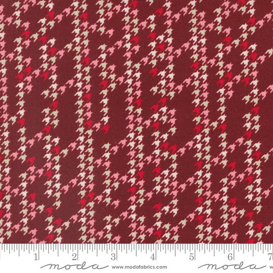 Cotton quilting fabric pattern called 'Houndstooth Party in Burgundy'. Part of the 'Cozy Wonderland' fabric collection. Designed by Fancy That Design House for fabric company Moda. SKU: 45598 13. 44-45 inch width.