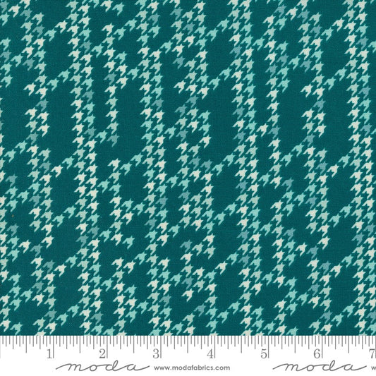 Cotton quilting fabric pattern called 'Houndstooth Party in Teal'. Part of the 'Cozy Wonderland' fabric collection. Designed by Fancy That Design House for fabric company Moda. SKU: 45598 15. 44-45 inch width.