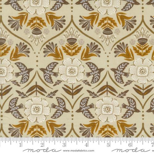 Cotton quilting fabric pattern called 'Flight of Fancy in Mushroom'. Part of the 'Folk & Lore' fabric collection. Designed by Fancy That Design House for fabric company MODA. SKU: 45604 12. 44-45 inch width.