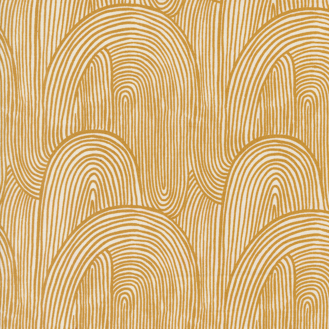 Cotton quilting fabric pattern called 'Wavy Whirl in Harvest Gold'. Part of the 'Things Above' fabric collection. Designed by Fancy That Design House for fabric company MODA. SKU: 45614 18. 44-45 inch width.