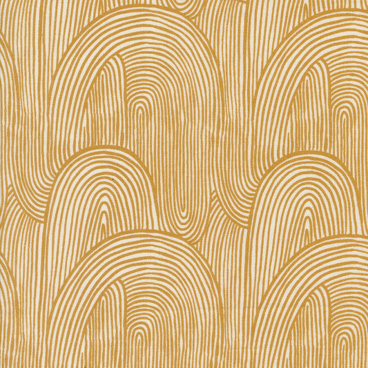 Cotton quilting fabric pattern called 'Wavy Whirl in Harvest Gold'. Part of the 'Things Above' fabric collection. Designed by Fancy That Design House for fabric company MODA. SKU: 45614 18. 44-45 inch width.