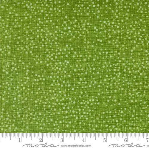 Cotton quilting fabric pattern called 'Dotty Thatched in Grass'. Part of the 'Winterly' fabric collection. Designed by Robin Pickens for fabric company Moda. SKU: 48715 197. 44-45 inch width.